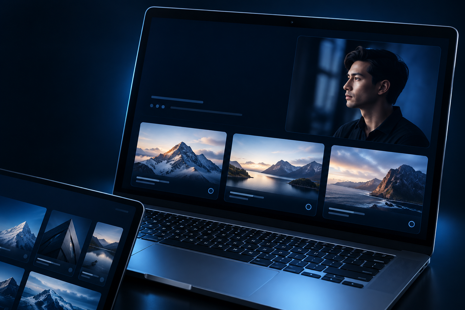 An angled laptop displaying a portfolio website with a designer portrait and project gallery